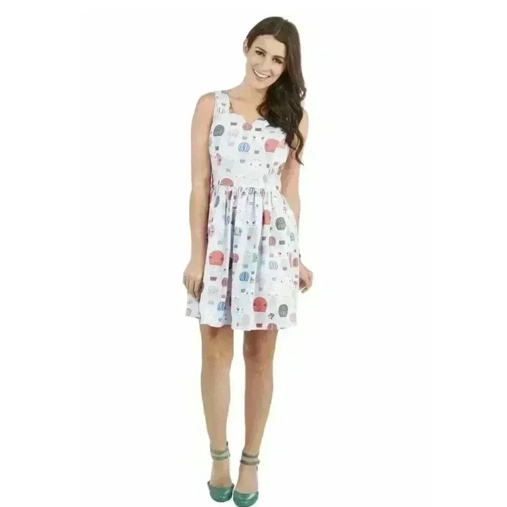 Modcloth Dress Hot Air Balloon Retro Vintage XS Midi Fit Flare Sleeveless 0 2